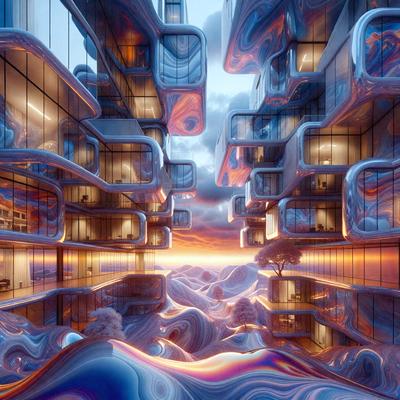 The primary subject of the image is a futuristic cityscape with a sky background. The setting is a city with tall buildings, and the visual style is digital art. The colors and mood of the image are vibrant and energetic, with a mix of blue, orange, and purple hues.